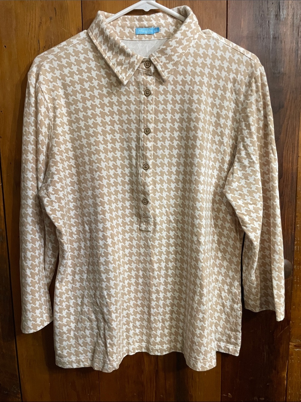 J. McLaughlin Beige & White Houndstooth Long-Sleeve Polo